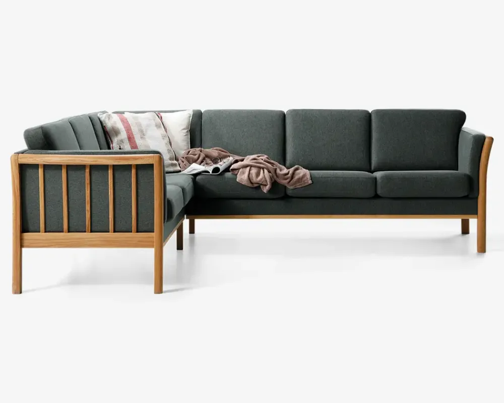 New Daells Bolighus Hjørnesofa grøn med massive trægavle