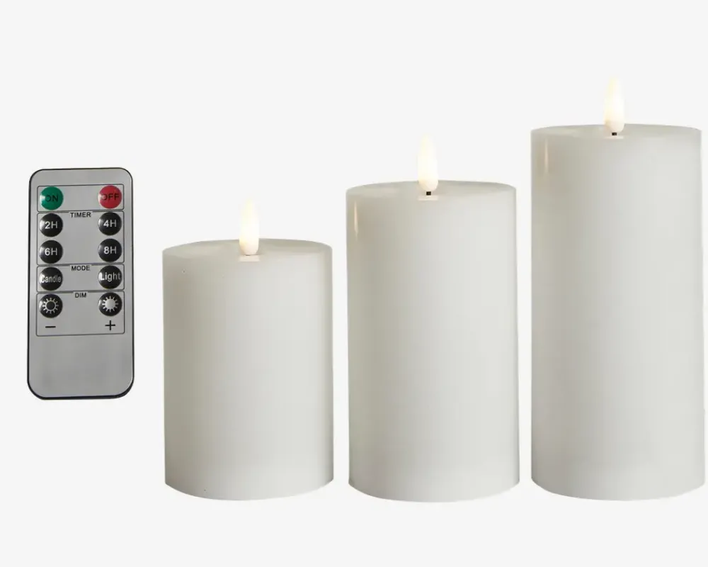 Outlet Daells Bolighus LED Bloklys Sæt 3Stk Ø.7,5cm Hvid