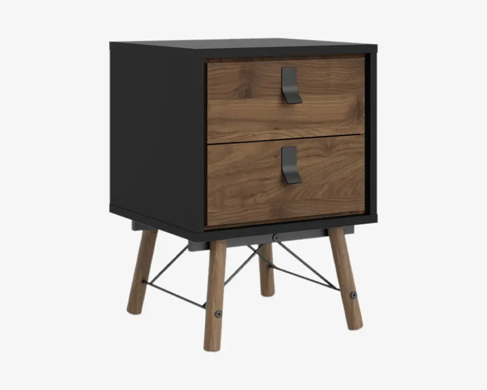 Outlet Daells Bolighus Sengebord Ry m. 2 skuffer Sort/Valnød